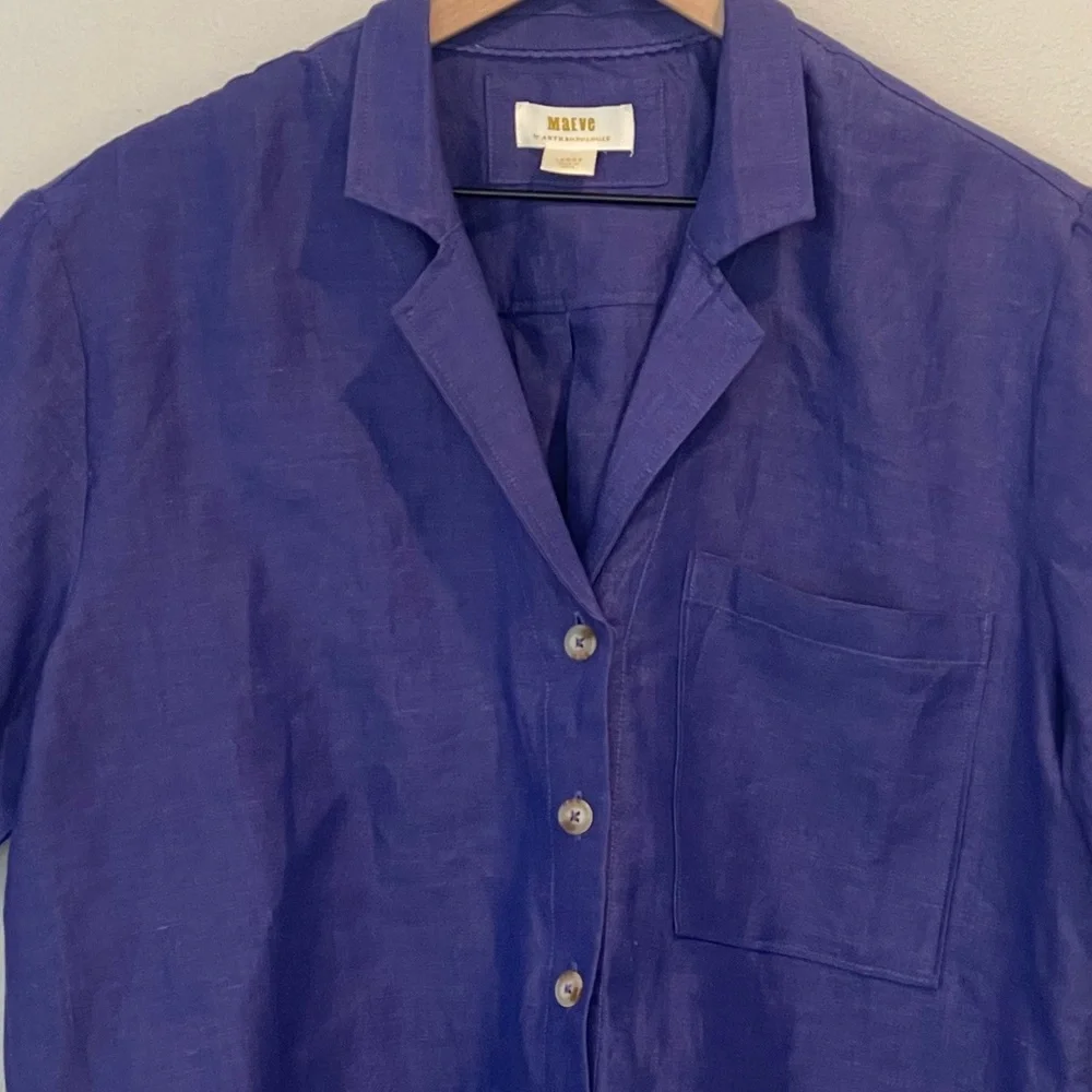 Maeve Linen Blend Short Sleeve Button-Down Shirt - Violet Blue, Anthropologie, L - Picture 14 of 16